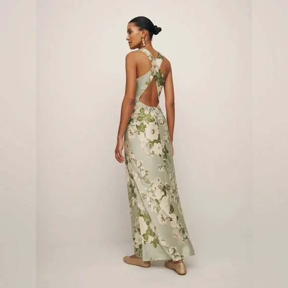 NEW NWT Reformation Anaiis Silk Maxi Dress Tarragon Floral Open Back High Neck 6 - Picture 7 of 17